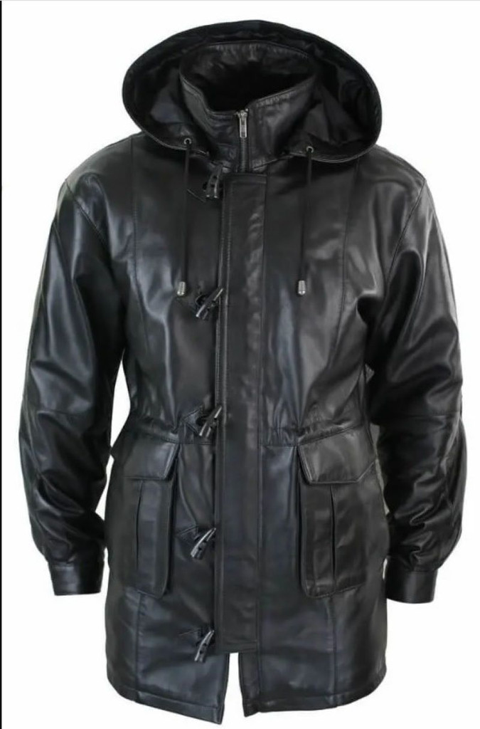 black leather jacket, leather trench coat, leather hooded jacket for men