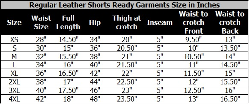 Trendy Gay Assless Leather Shorts - Size Chart