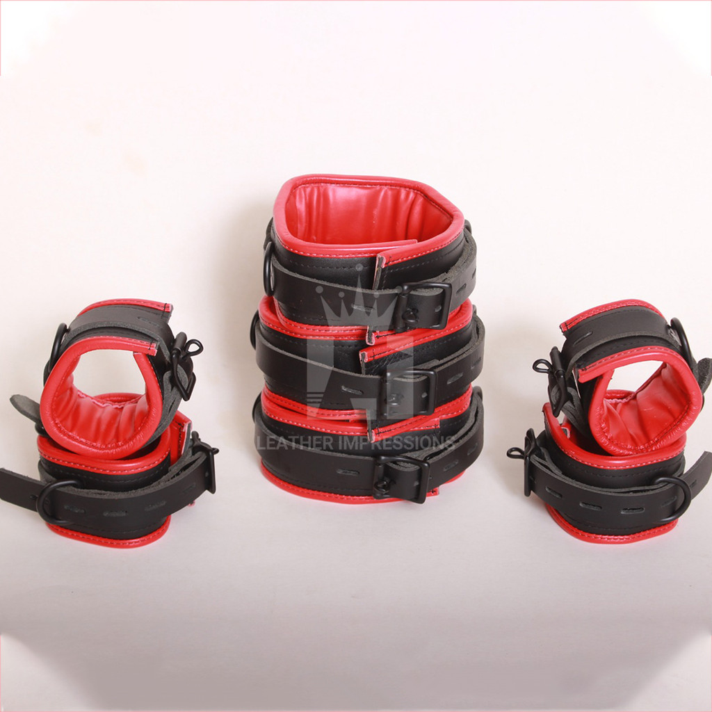leather cuffs, leather bondage handcuffs, black with red leather cuffs, bondage cuffs