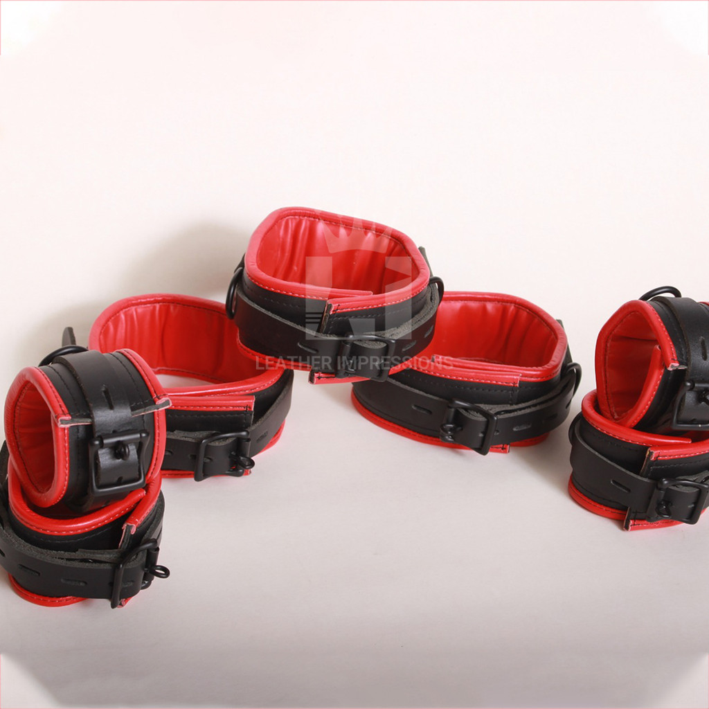 leather cuffs, leather bondage handcuffs, black with red leather cuffs, bondage cuffs