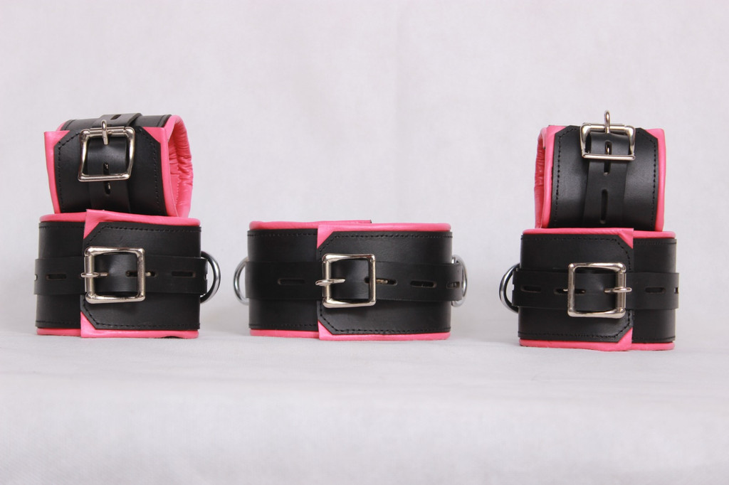 Leather cuffs, leather handcuffs, leather restraints, leather pink cuffs