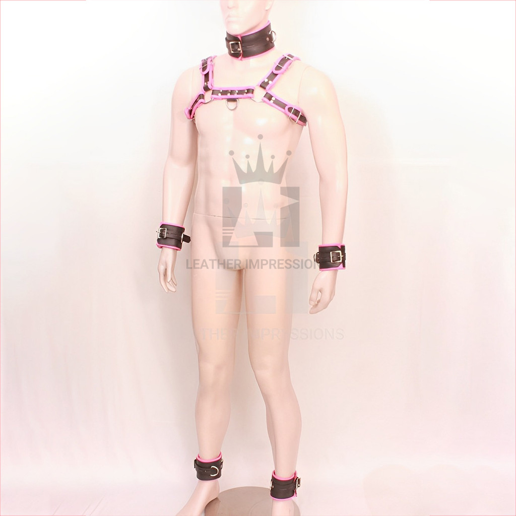mens leather harness, pink leather harness with 5 pcs cuffs