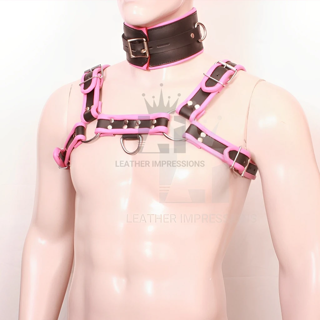 men's leather harness, pink leather harness with 5 pcs cuffs, leather bdsm harness, leather restraint harness