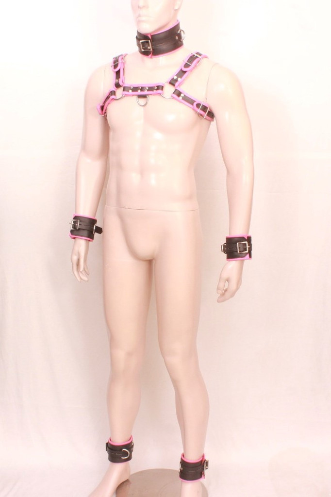men's leather harness, pink leather harness with 5 pcs cuffs