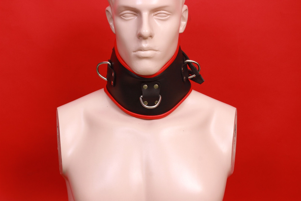 leather posture collar, black posture collar with red piping