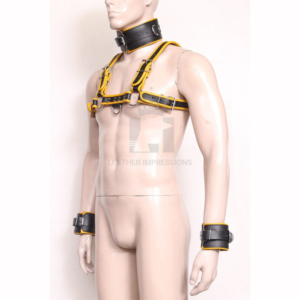 leather harness, bondage leather harness, leather h-harness, black leather harness with yellow piping