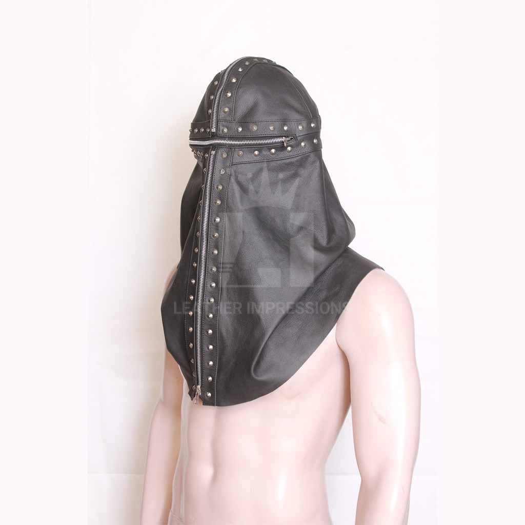 leather bondage hood, black leather hood, leather hood with silver rivets