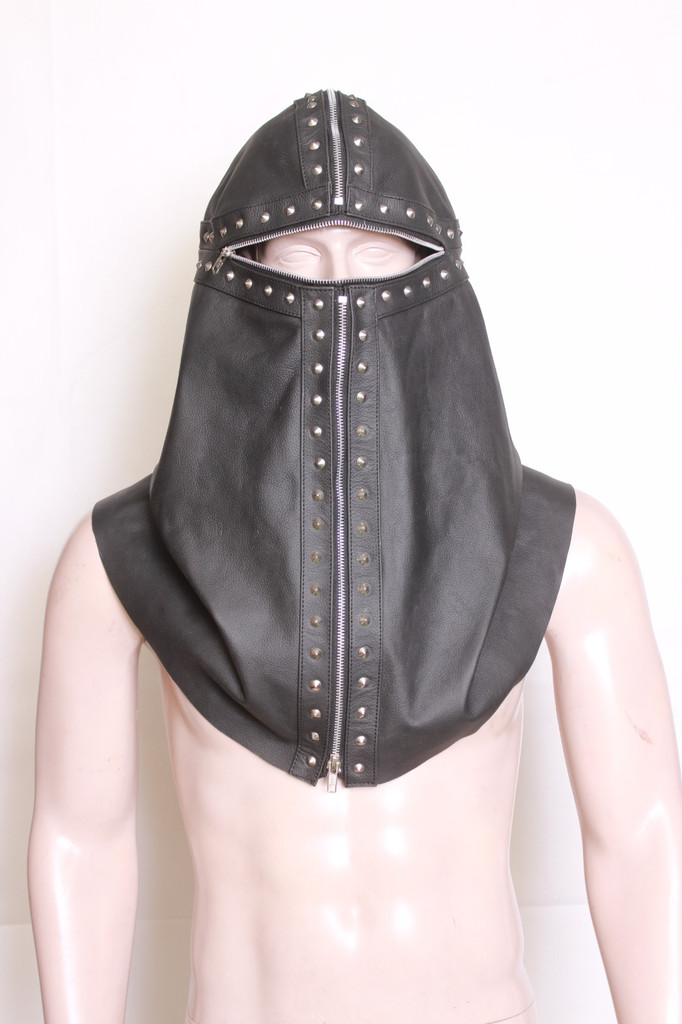 leather bondage hood, black leather hood, leather hood with silver rivets