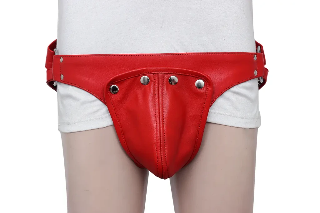 red mens leather harness with jockstrap, mens leather harness