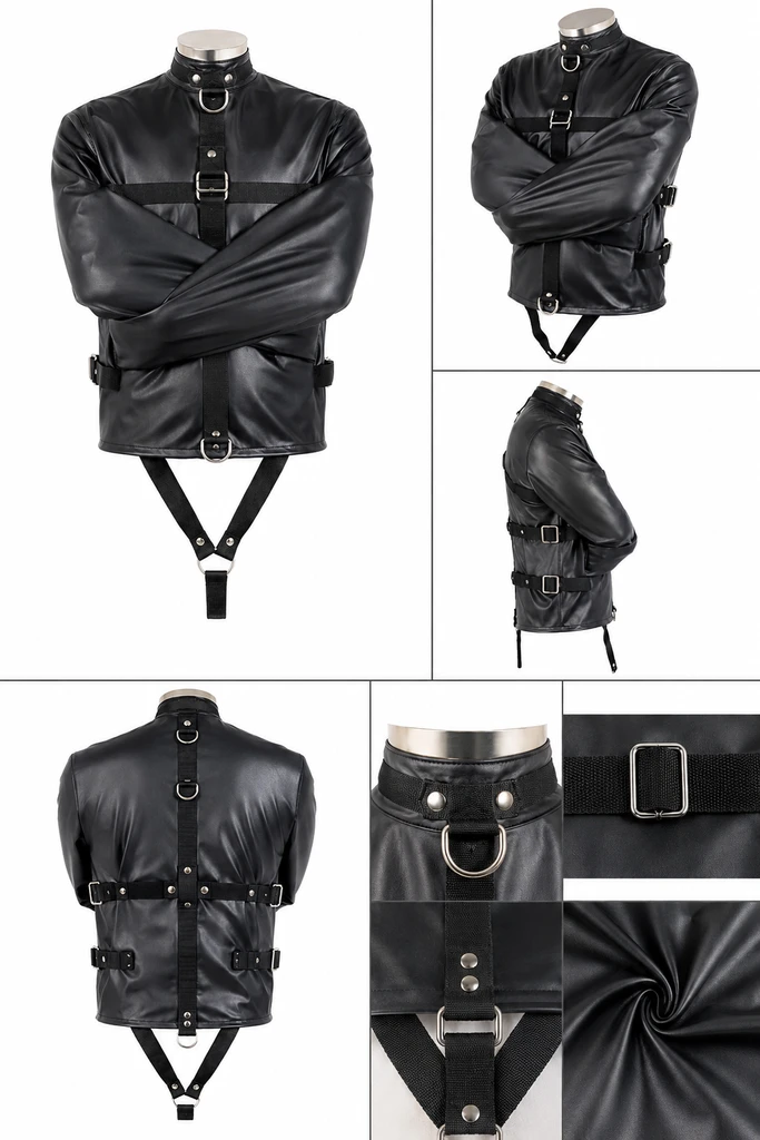 pu leather straight jacket costume, adjustable straight jacket harness, black leather costume jacket, straight jacket body harness, adult cosplay costume
