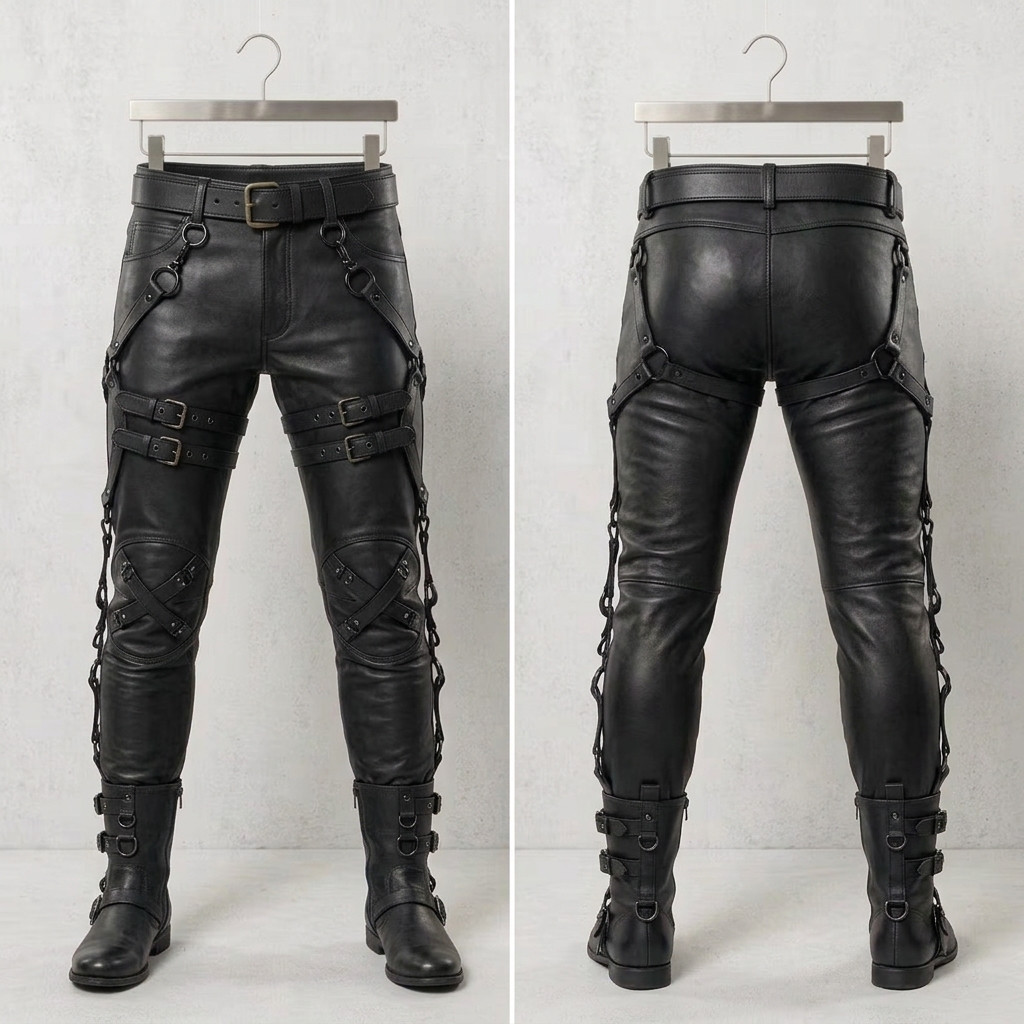 genuine leather pants, cowhide leather pants, adjustable leg belt pants, leather zipper pants, handmade leather pants