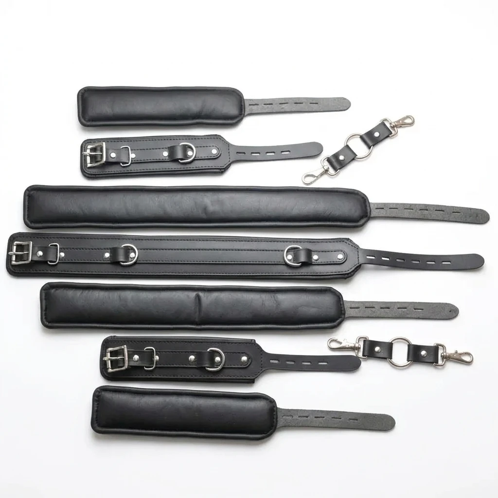 genuine leather restraint set, cowhide leather cuffs, 7-piece leather restraint set, adjustable leather cuffs, leather cuff set