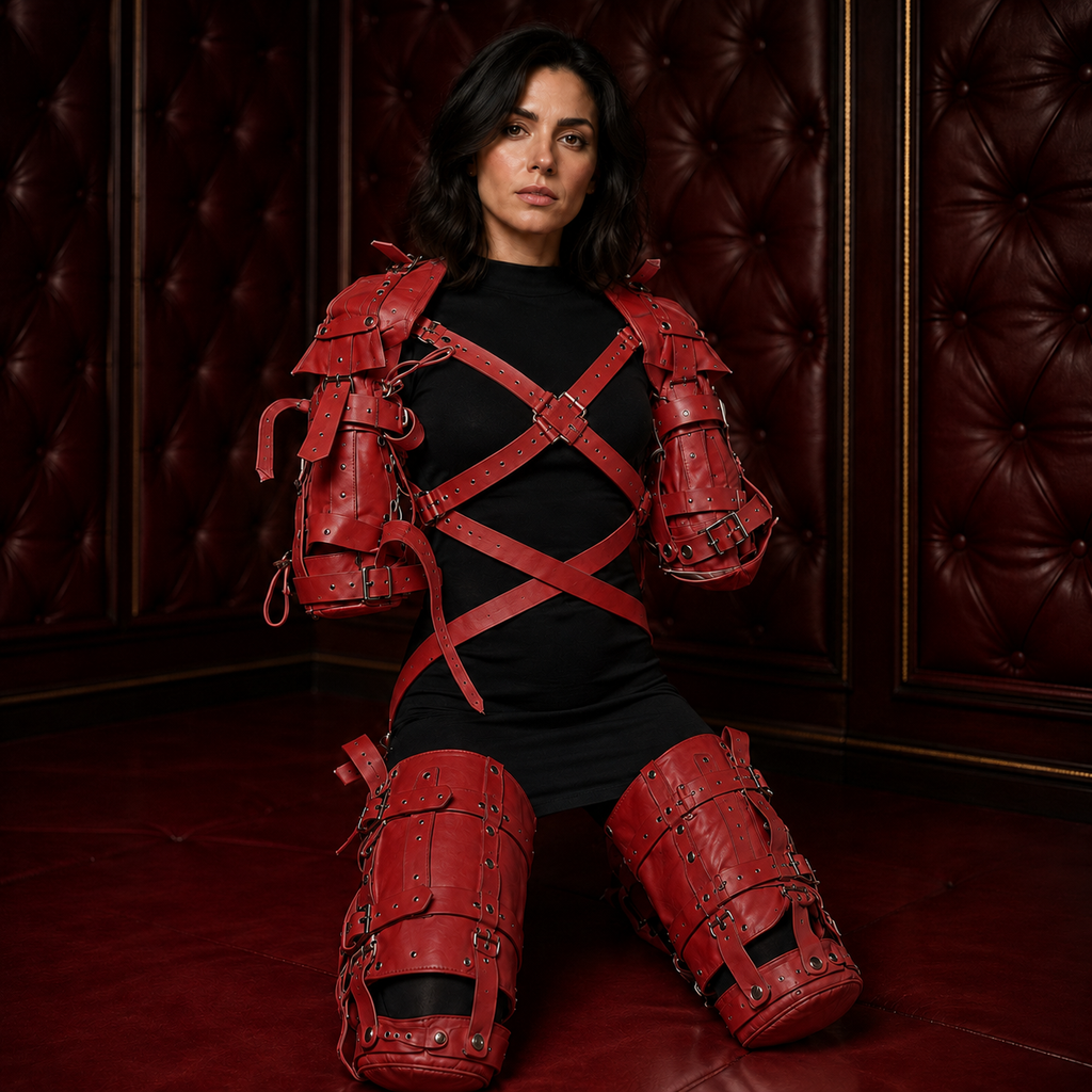 red leather crawler harness, red cowhide leather harness, full body leather harness, adjustable leather crawler harness, red pet play harness, leather pet crawler harness, leather harness
