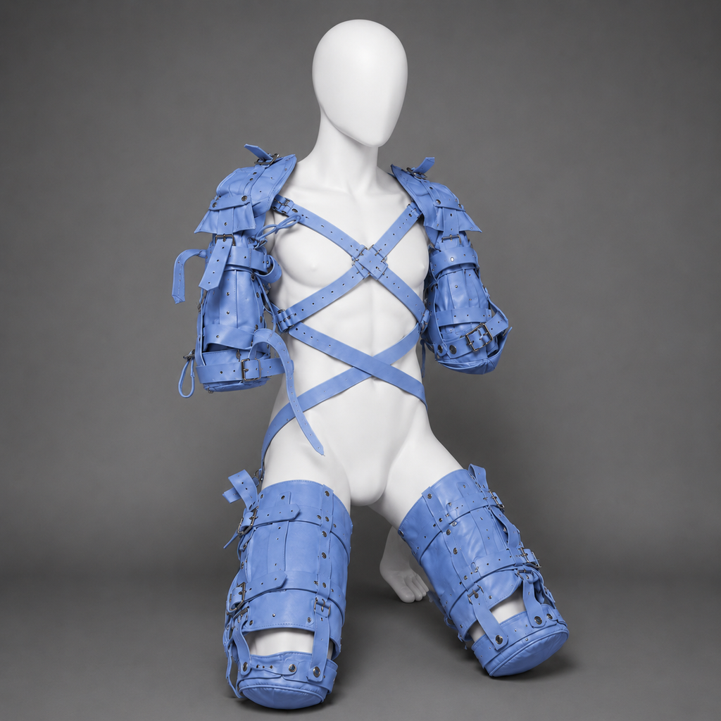 sky blue leather crawler harness, sky blue cowhide leather harness, full body leather harness, adjustable leather crawler harness, sky blue pet play harness, leather pet crawler harness, leather harness