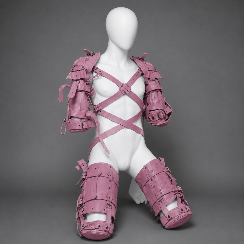 pink leather crawler harness, pink cowhide leather harness, full body leather harness, adjustable leather crawler harness, pink pet play harness