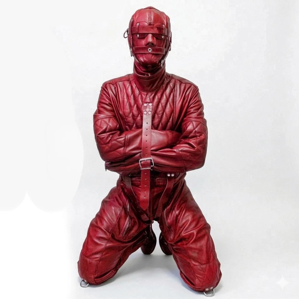 leather bondage puppy suit, leather puppy suit, bondage leather suit, quilted leather straitjacket, leather restraint suit