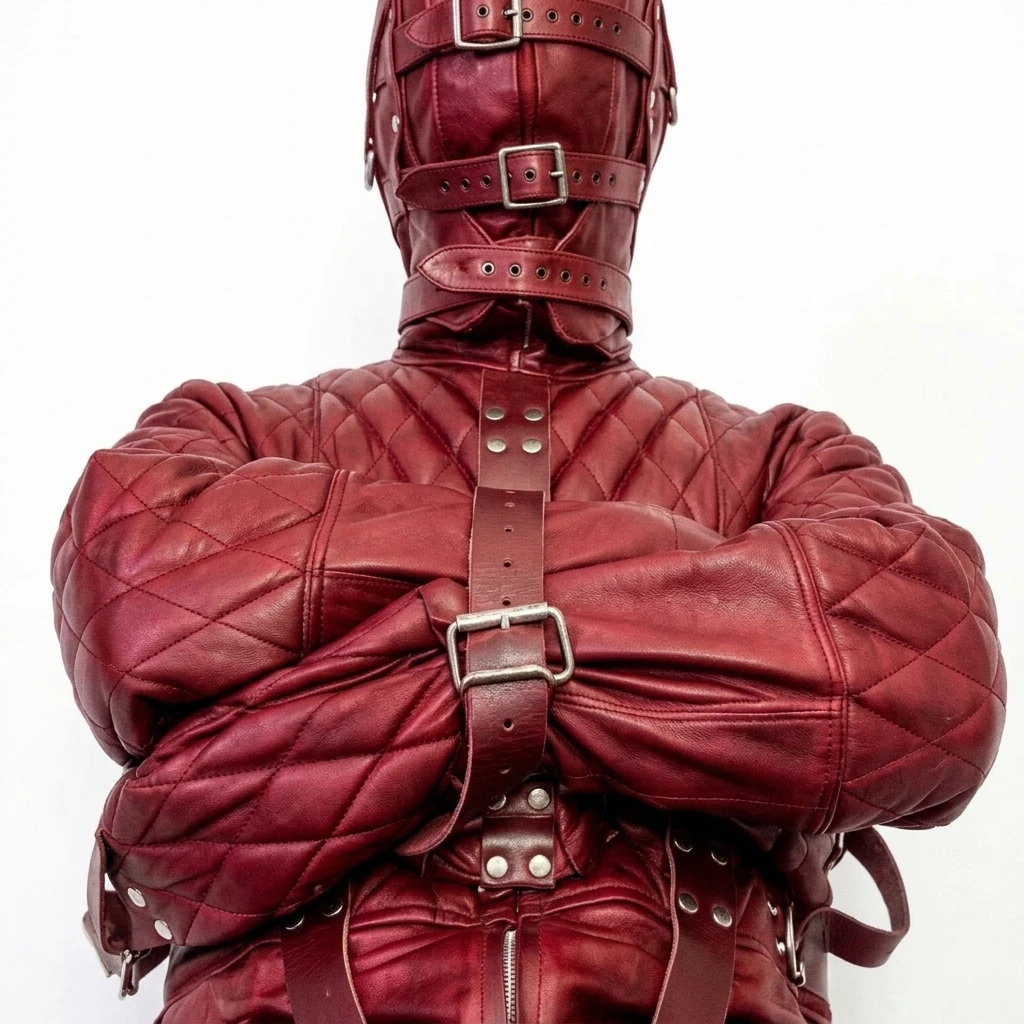 leather bondage puppy suit, leather puppy suit, bondage leather suit, quilted leather straitjacket, leather restraint suit