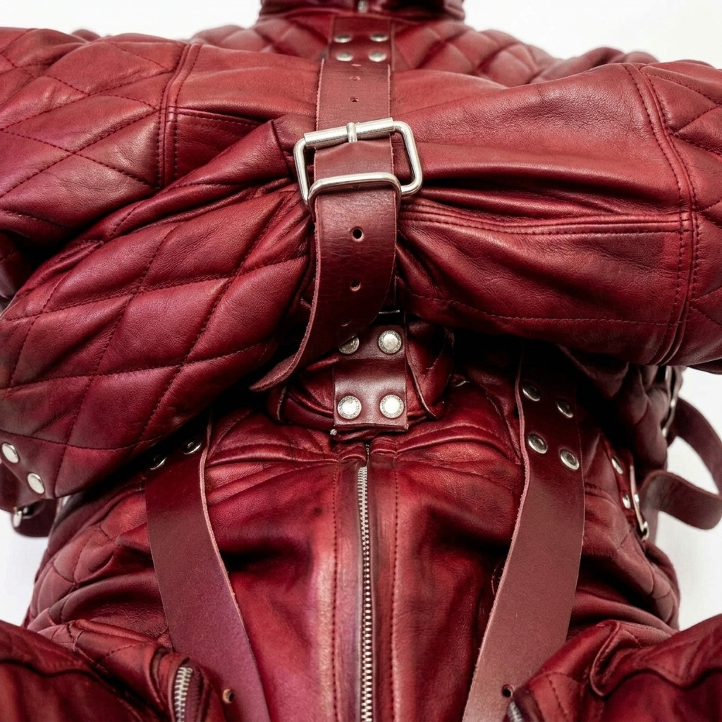 leather bondage puppy suit, leather puppy suit, bondage leather suit, quilted leather straitjacket, leather restraint suit