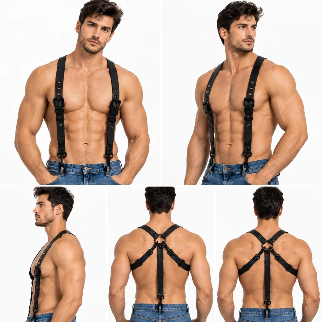 black leather harness, black leather body harness, genuine leather harness, leather chest harness, adjustable leather harness
