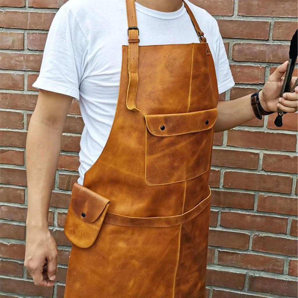 Front view of model wearing Leather Cooking Apron