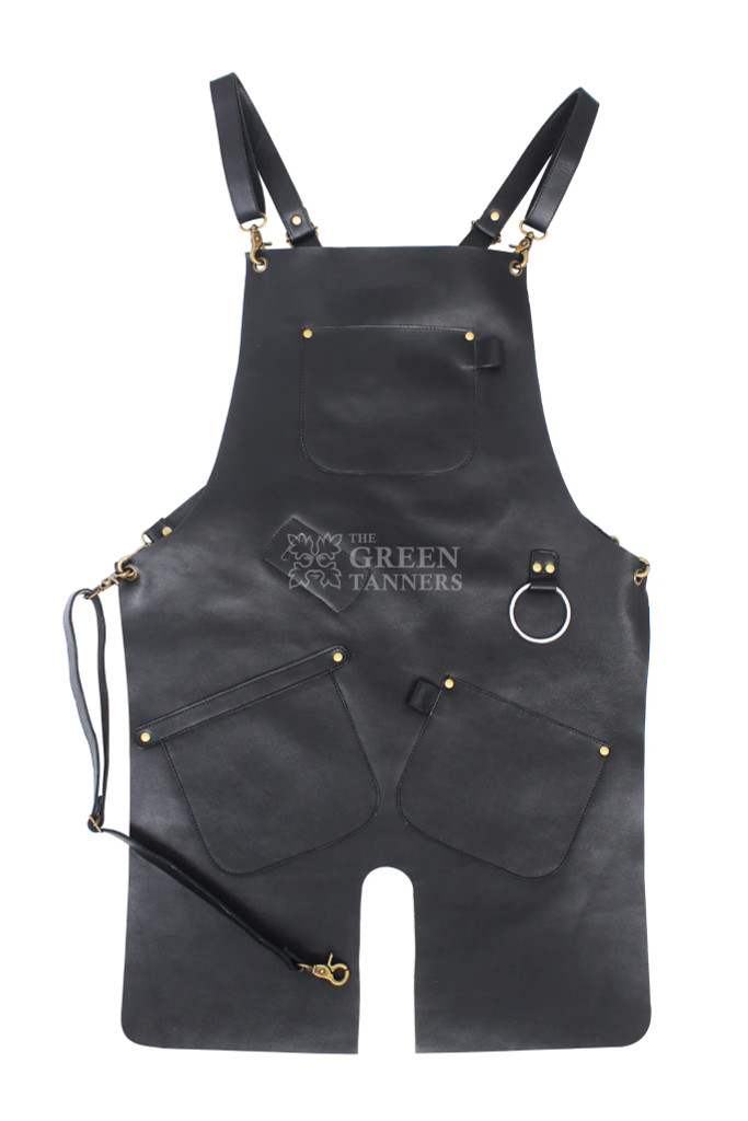 Front view of black leather blacksmith apron Front view of black leather blacksmith apron