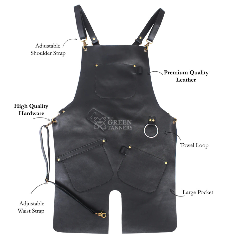 Front view of black leather blacksmith apron Front view of black leather blacksmith apron