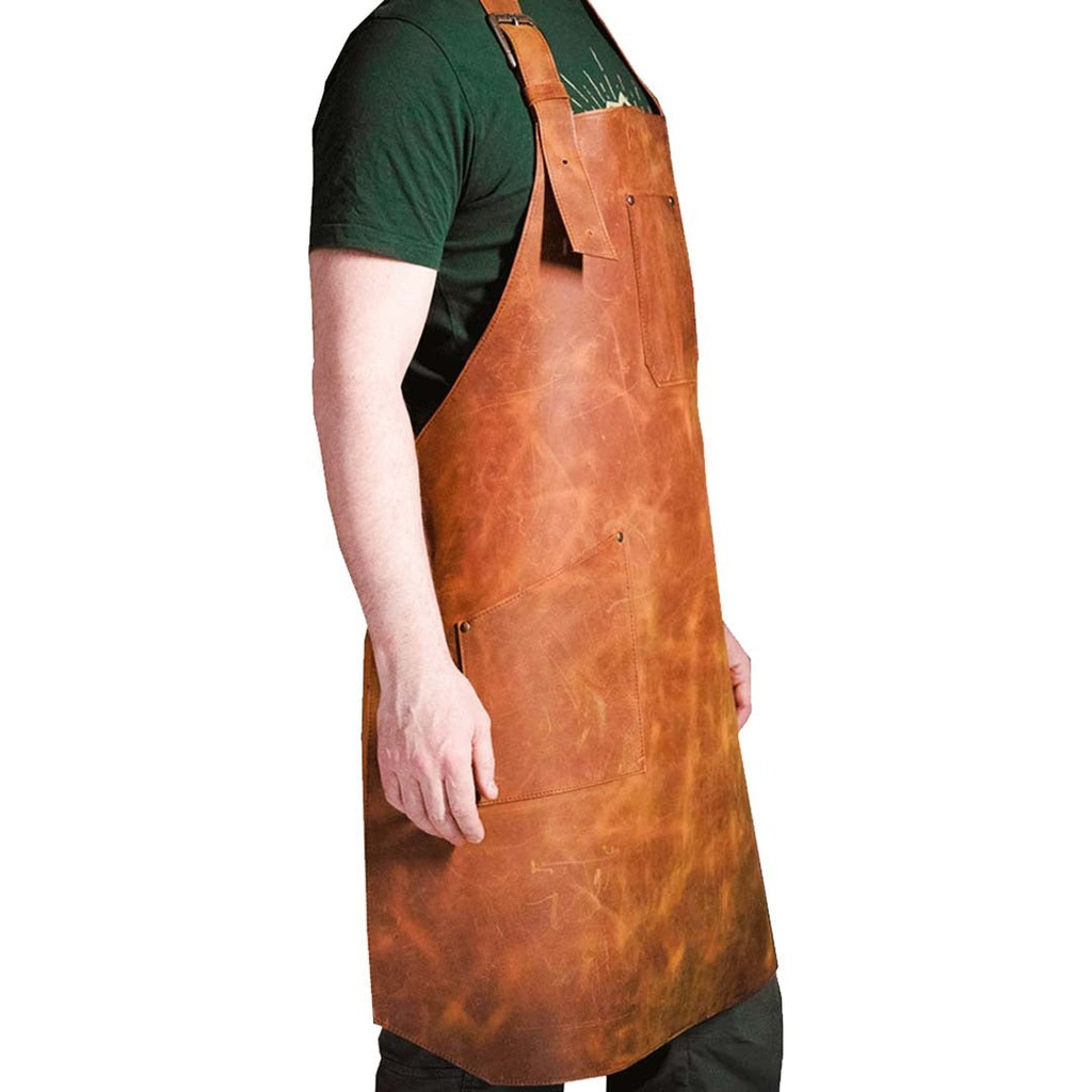 model wear a Custom Leather Woodworking Apron - side view image