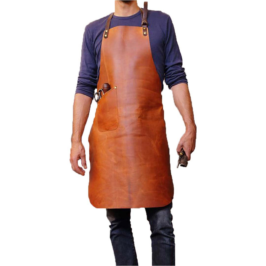 Model wear durable classic Brown Leather Apron - front image