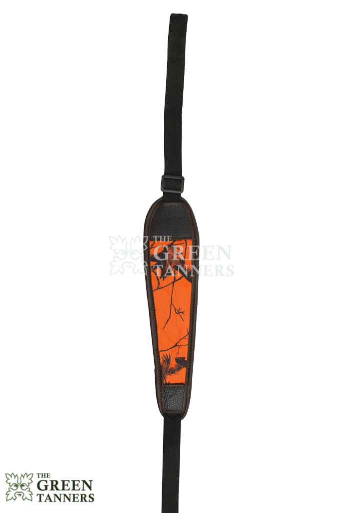 orange and black leather gun strap, rifle sling strap, shotgun strap