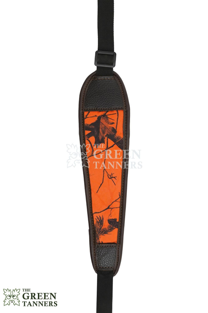 orange and black leather gun strap, rifle sling strap, shotgun strap