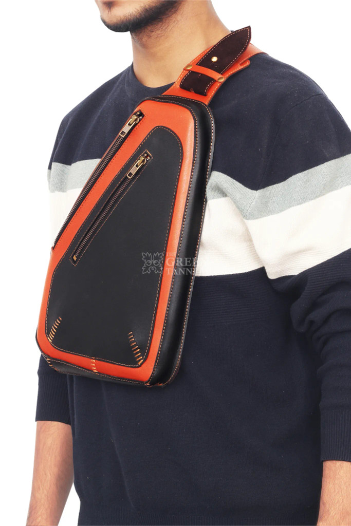 Image of model wear Men's Leather Sling Bag Image of model wear Men's Leather Sling Bag