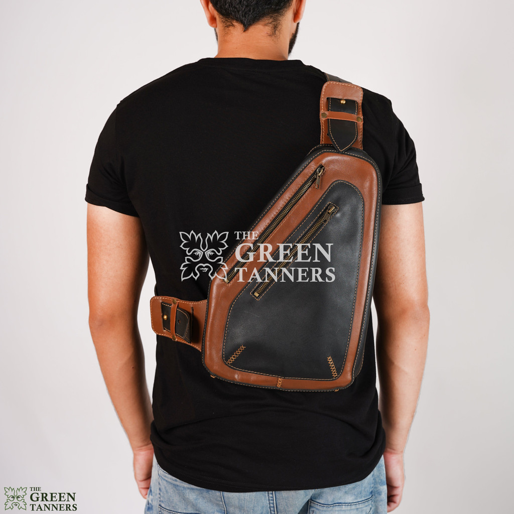 back image of model wear Men's Leather Sling Bag