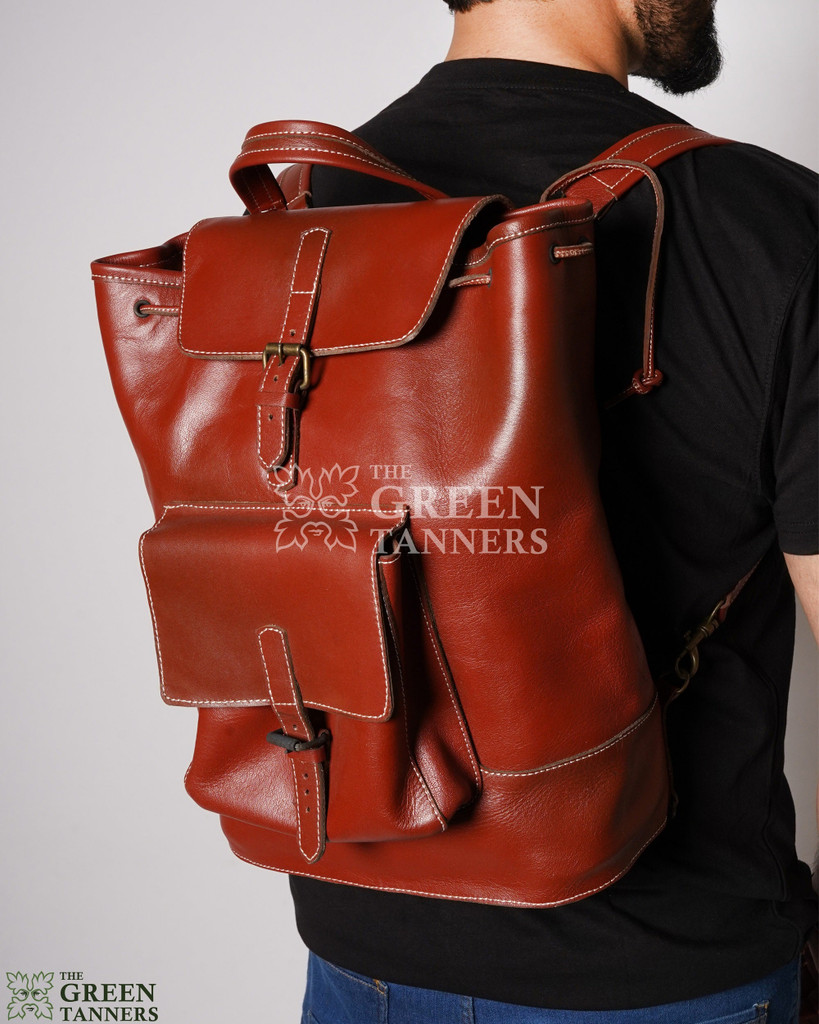 Model wear Leather Travel Backpack