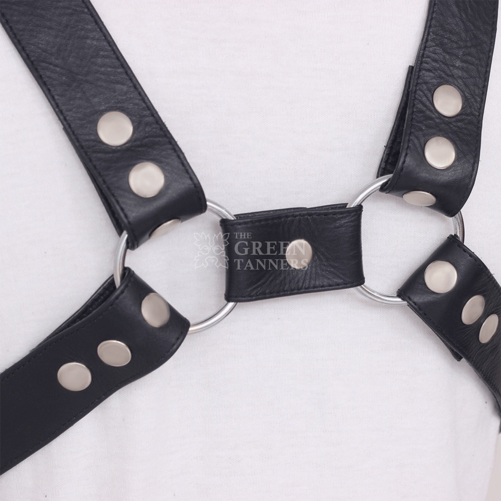 men's leather y-harness - front close view, leather harness, leather gay harness, leather bondage harness, men's leather harness, leather harness for men, bondage harness, gay harness, gay leather harness