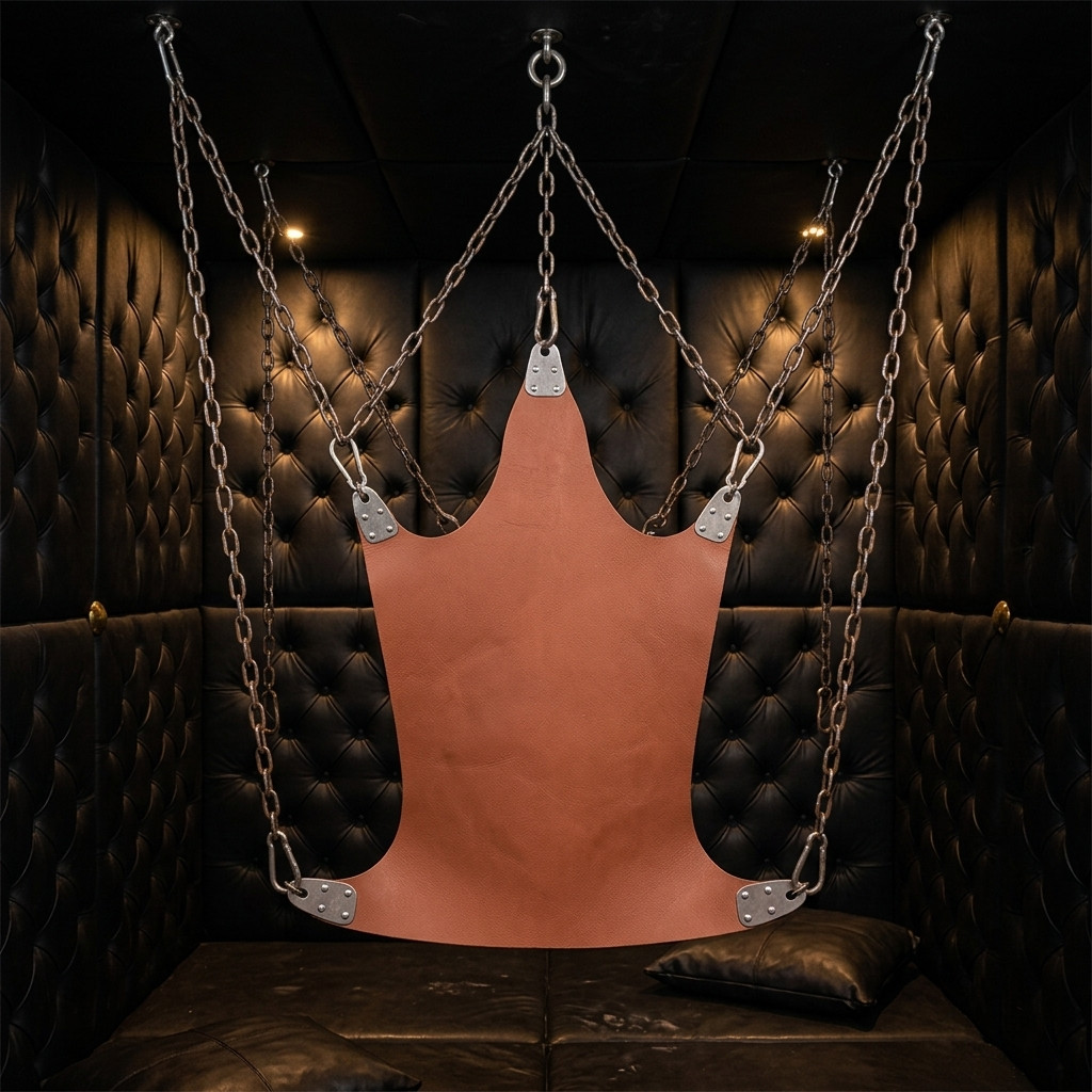 5 point leather sex swing - front view, leather sex swing, leather sex sling, leather bondage sex sling