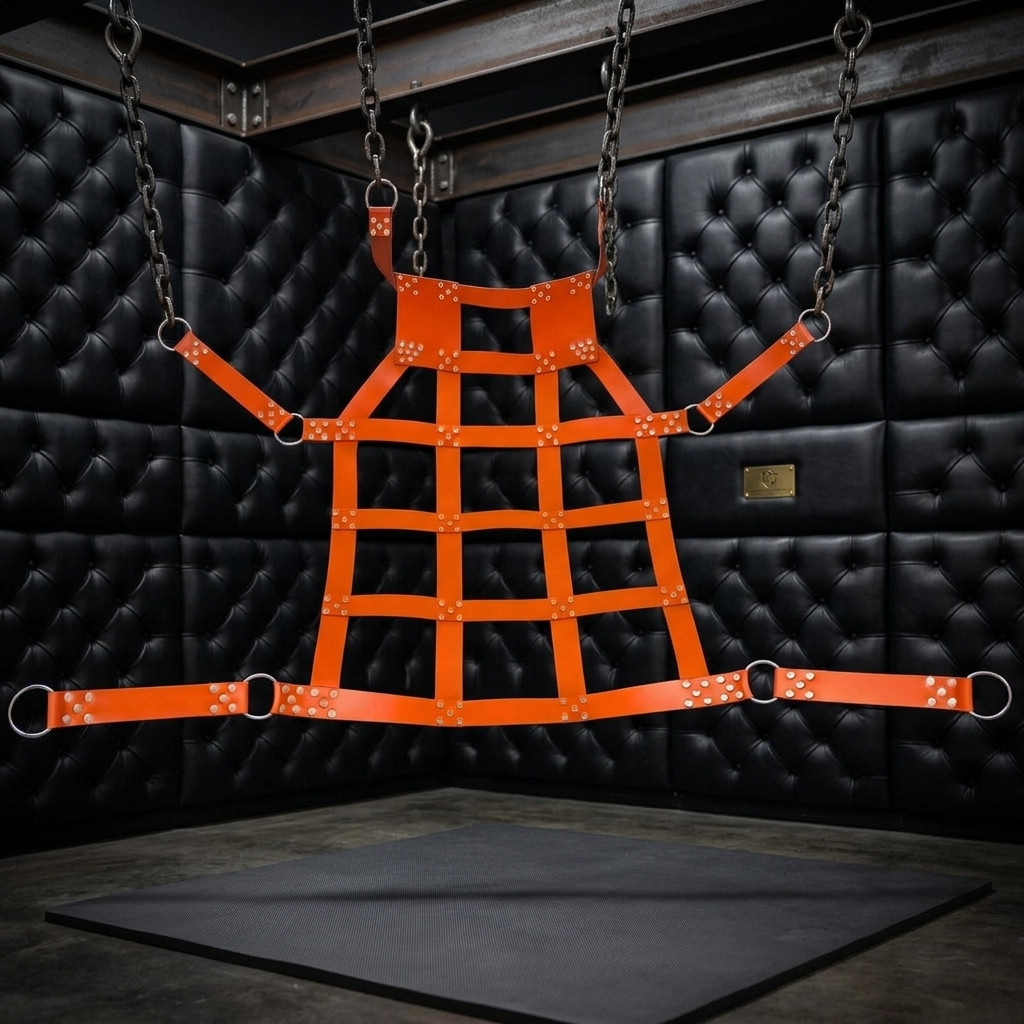 six point leather swing with leg loop -  front  view, leather swing, leather sex swing, leather sex sling, leather bondage sex sling
