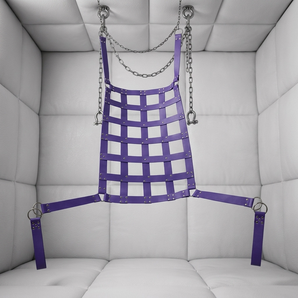 purple leather bondage suspension sling with chains, leather sex swing, leather bondage suspension sling, leather bondage sex sling, leather sex sling