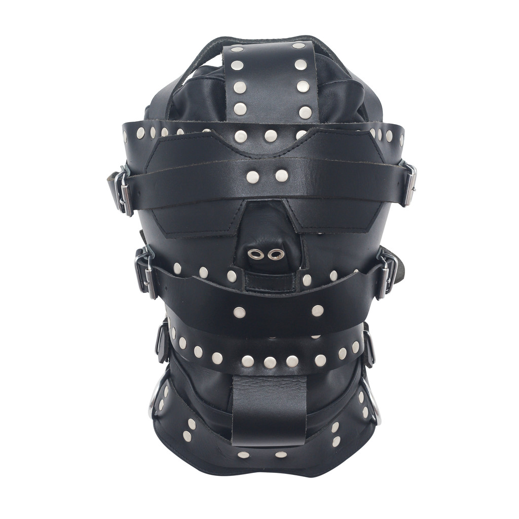 sensory deprivation hood, bondage hoods, sensory deprivation bondage, leather bondage hood, leather hood, leather bdsm hood, leather bondage mask