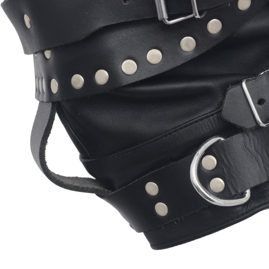 sensory deprivation hood, bondage hoods, sensory deprivation bondage, leather bondage hood, leather hood, leather bdsm hood, leather bondage mask