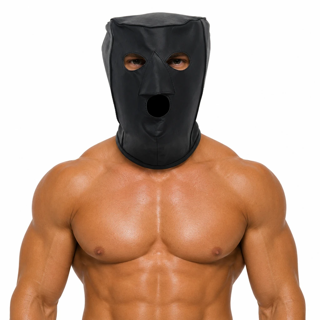 leather bondage hood, leather bdsm hood, leather bondage mask