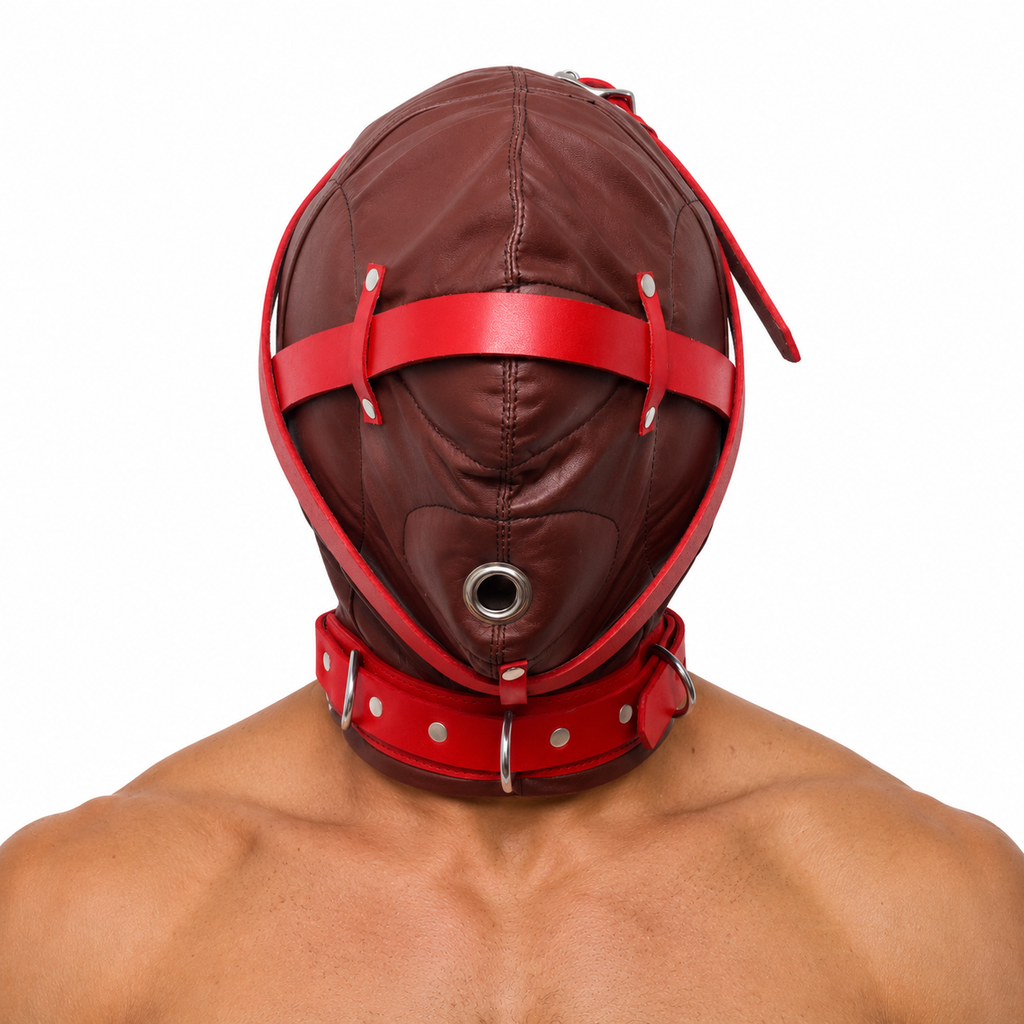 leather bondage hood, leather bdsm hood, leather bondage mask, leather hood