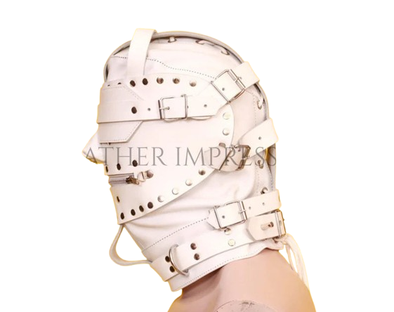 Poop White Leather Bondage Hood for Adults
