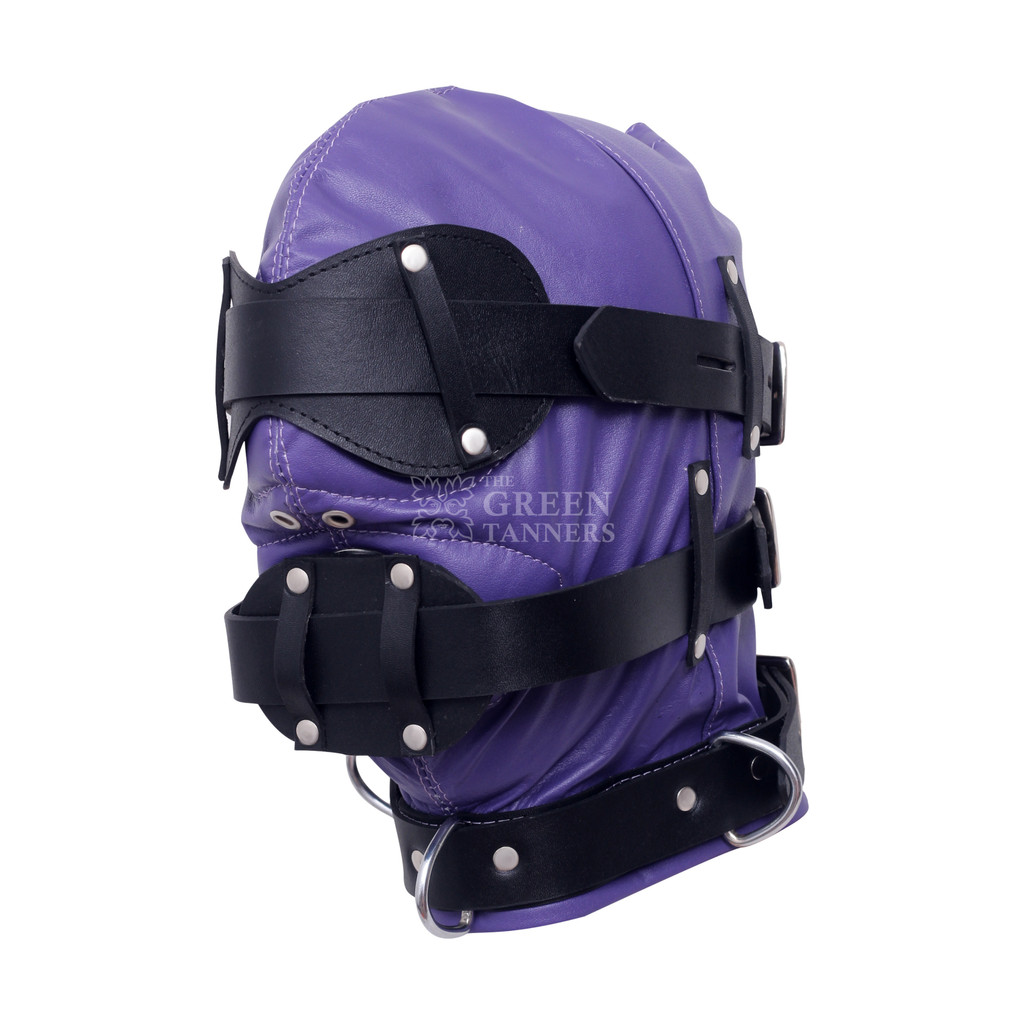 Leather BDSM Mask With Mouth Plug - Side Angle