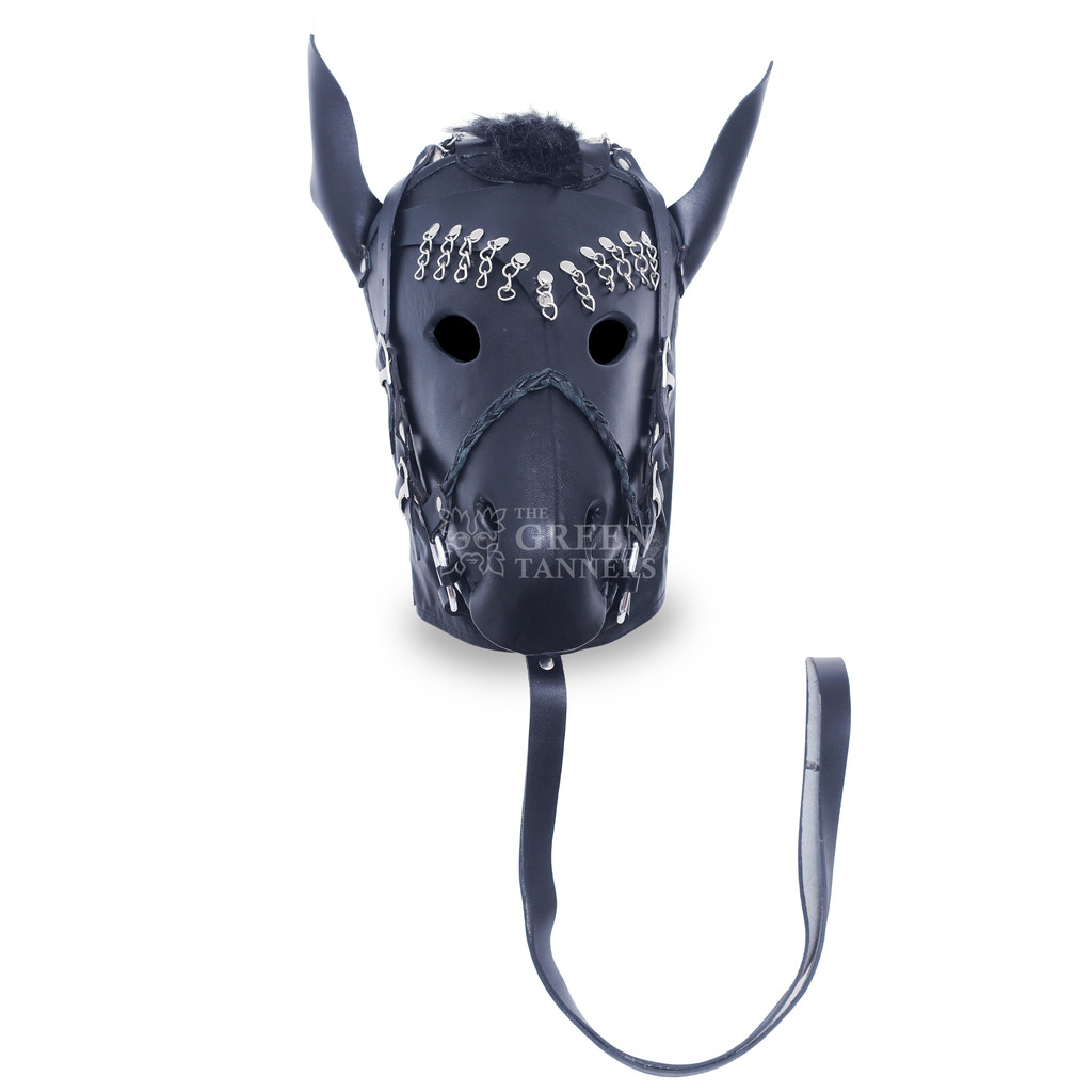 Leather Pony Play Face Mask Bondage Hood - Wide View Leather Pony Play Face Mask Bondage Hood - Wide View