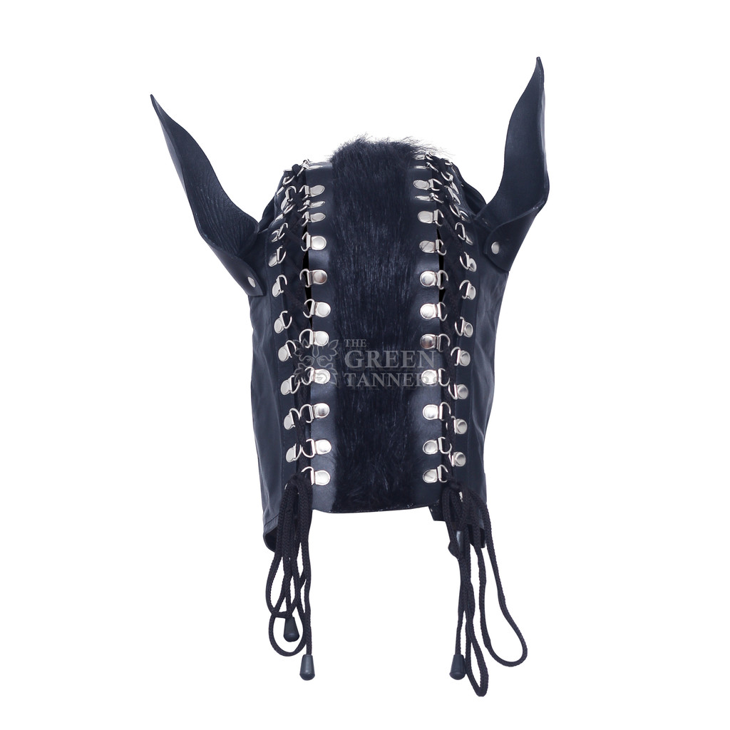 Leather Pony Play Face Mask Bondage Hood - Back Image Leather Pony Play Face Mask Bondage Hood - Back Image