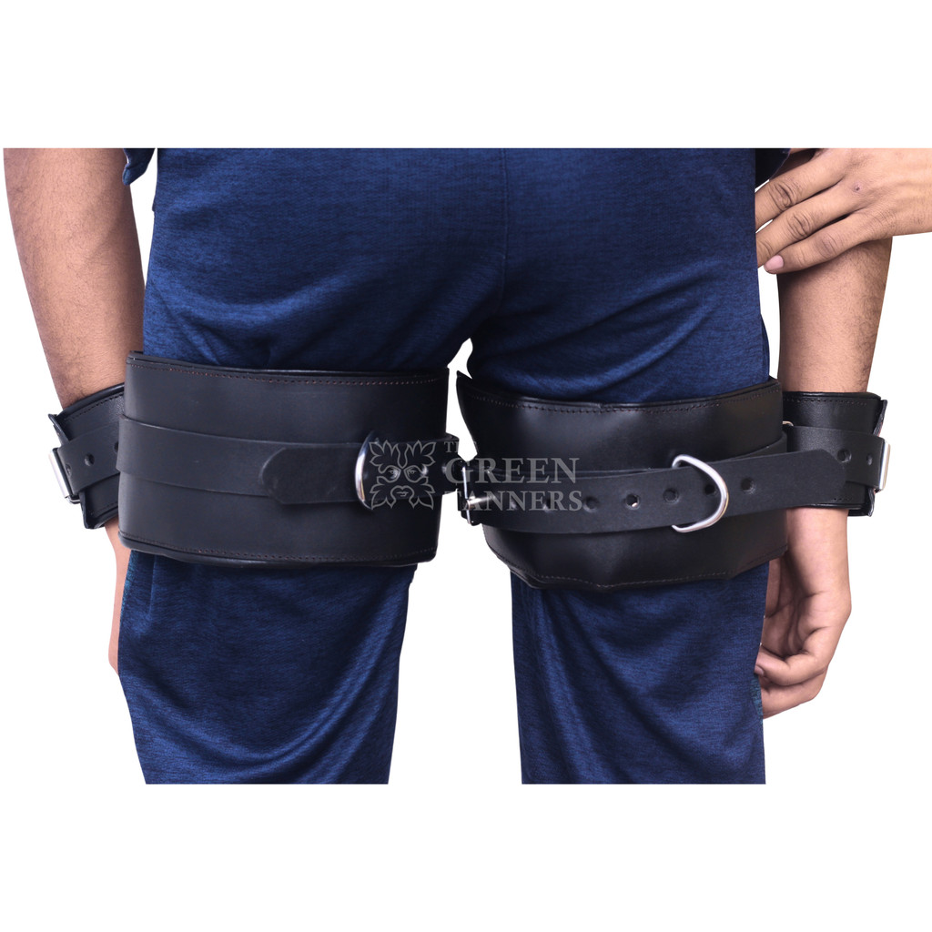 Wrist to Thigh Leather Handcuffs- Back View Wrist to Thigh Leather Handcuffs- Back View