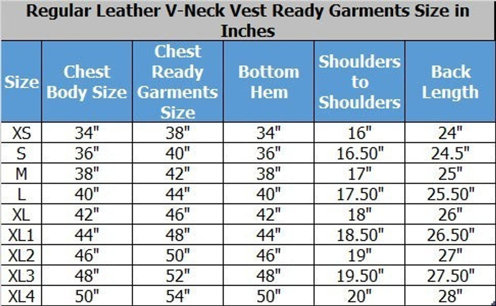mens leather vest size chart