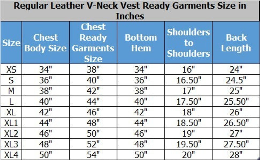 Size chart of Heavy duty leather vest