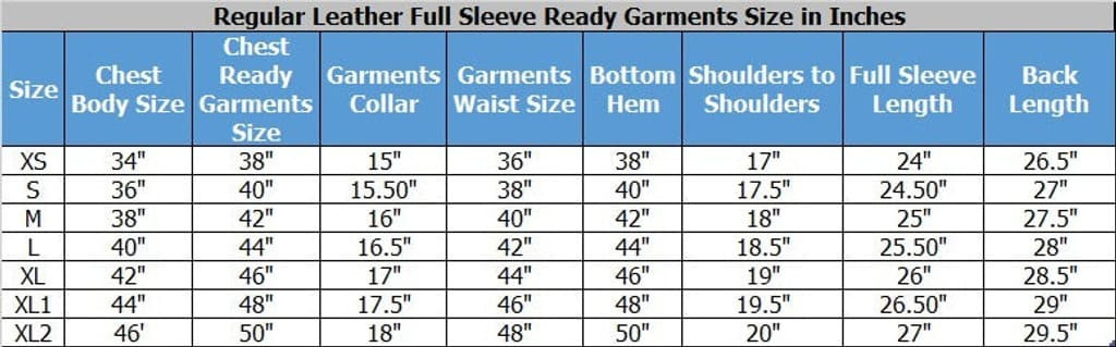 Regular Leather Full Sleeve Garment Size Chart for Men in Inches