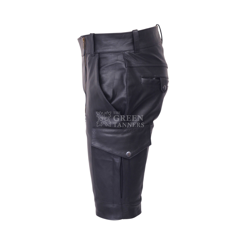 Mens Leather Cargo Shorts - Side Image